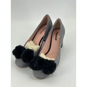 Kate Spade New York Carine Plaid Block Heel Pumps Faux Fur Pom 7.5M